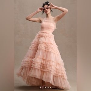 Mac Duggal Tiered Strapless Tulle A-Line High Low Gown